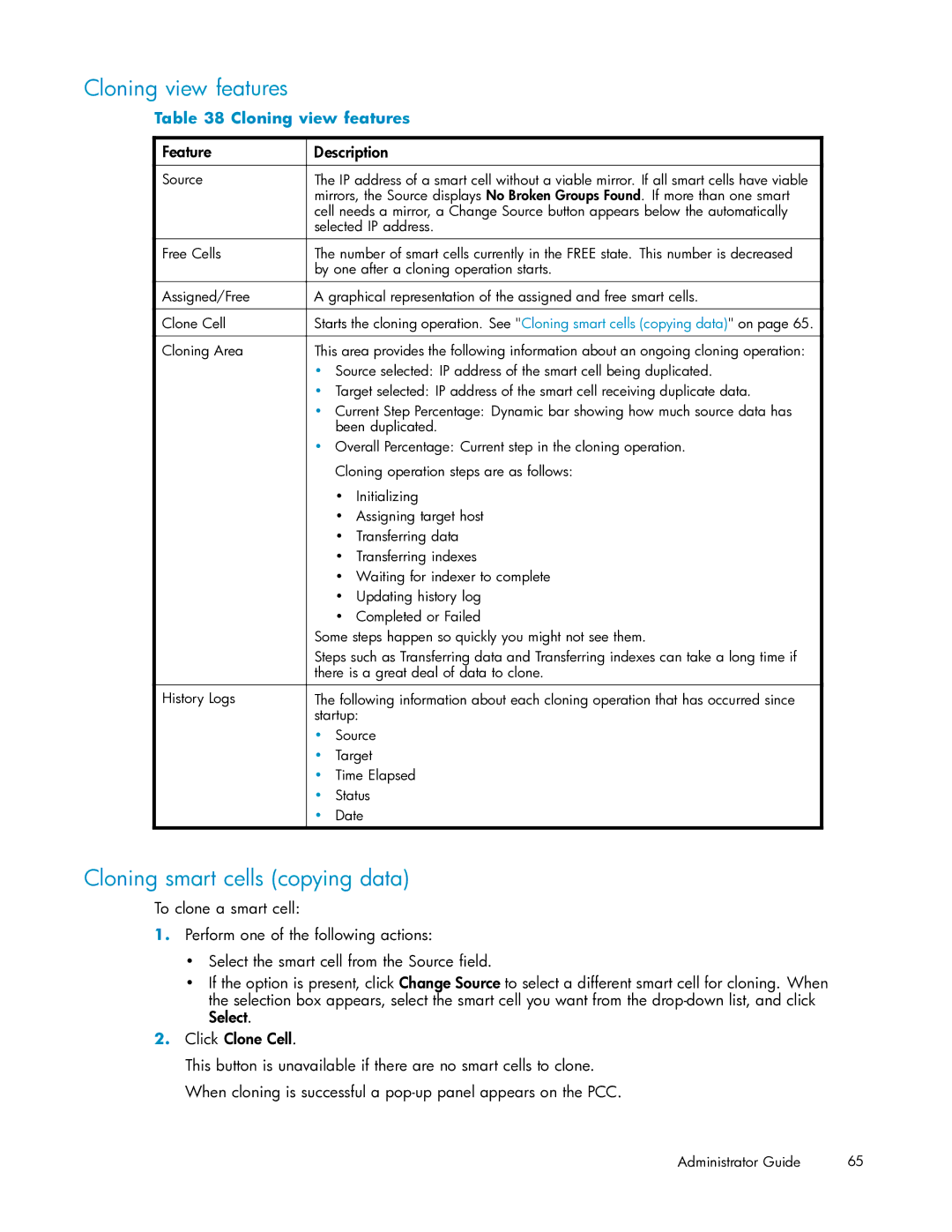 HP RISS Components manual Cloning view features, Cloning smart cells copying data 