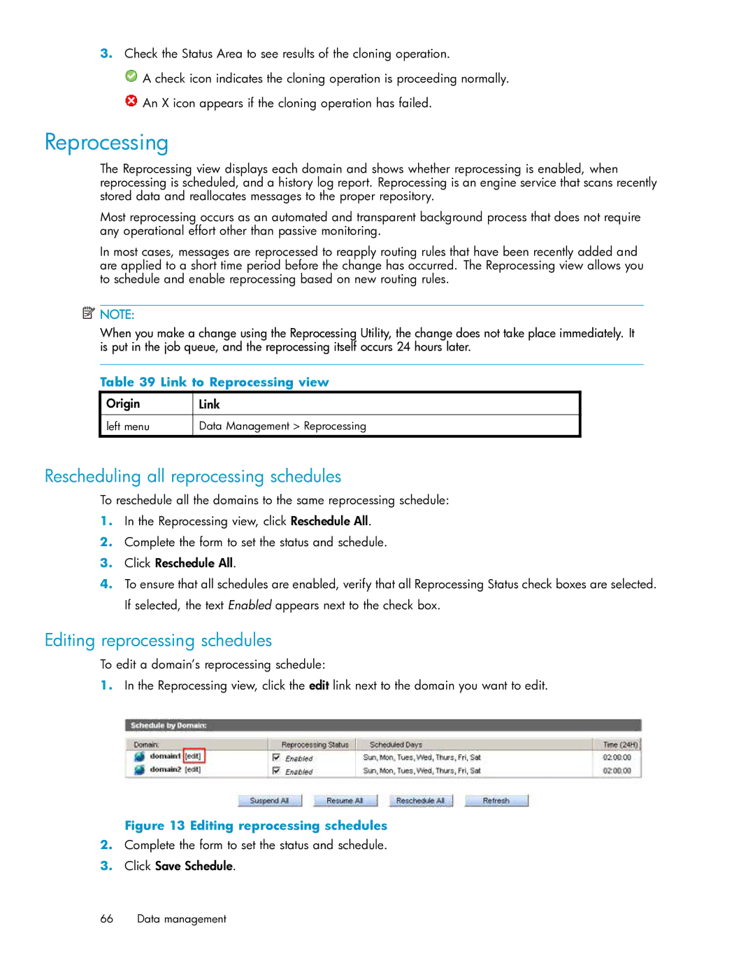 HP RISS Components manual Reprocessing, Rescheduling all reprocessing schedules, Editing reprocessing schedules 