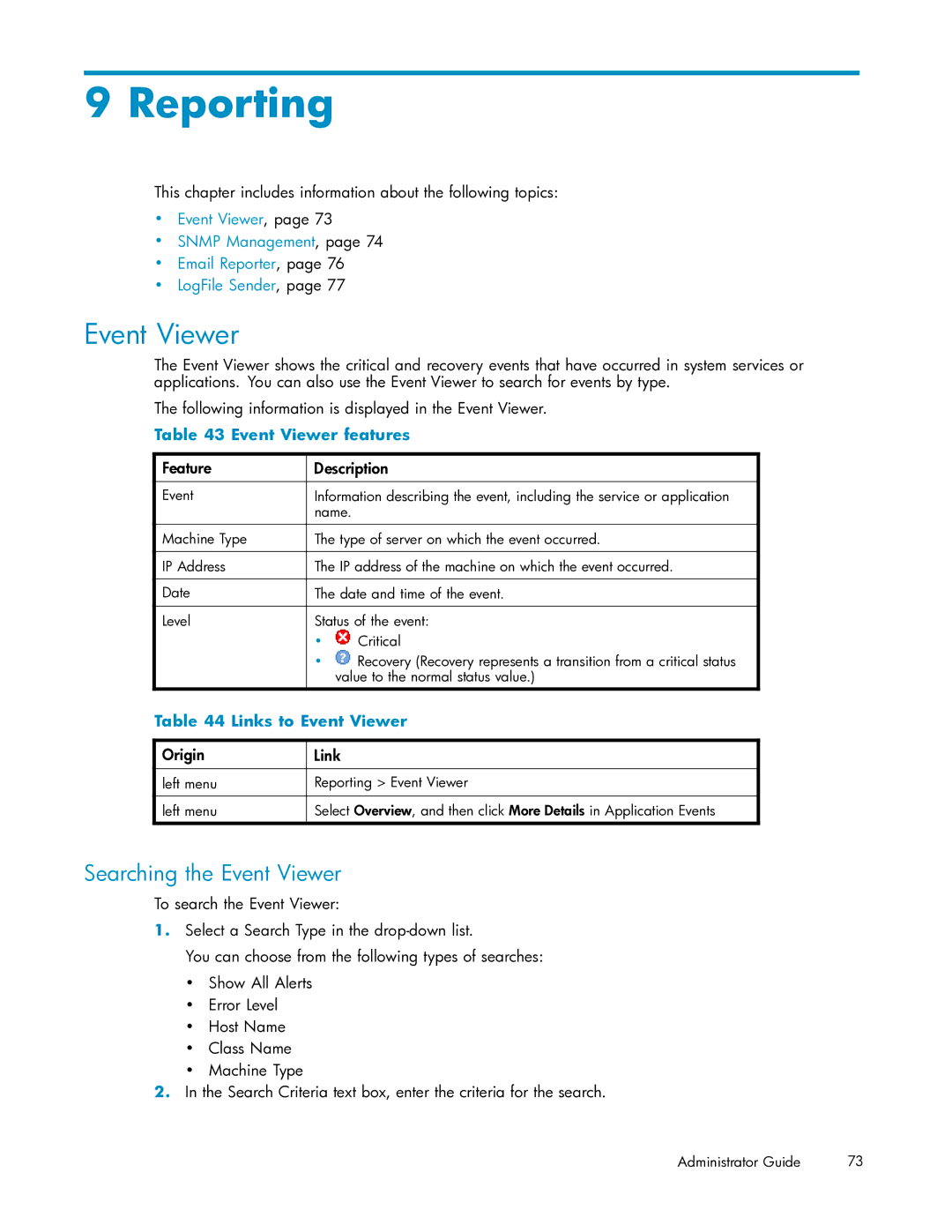 HP RISS Components manual Reporting, Searching the Event Viewer, Event Viewer features, Links to Event Viewer 