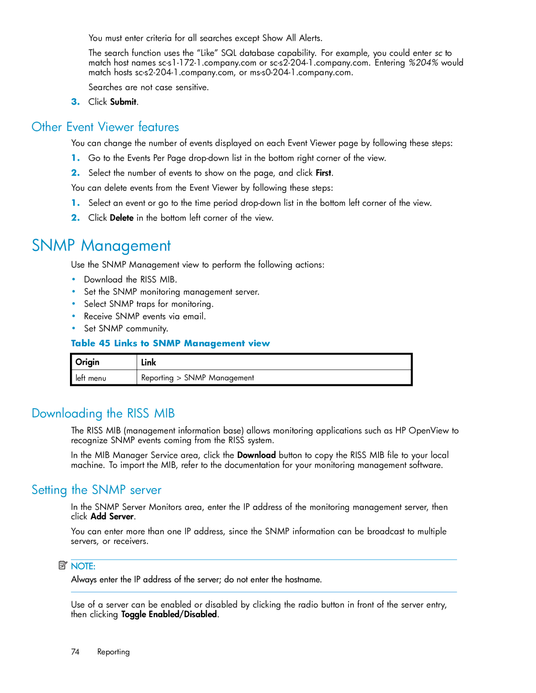 HP RISS Components manual Snmp Management, Other Event Viewer features, Downloading the Riss MIB, Setting the Snmp server 