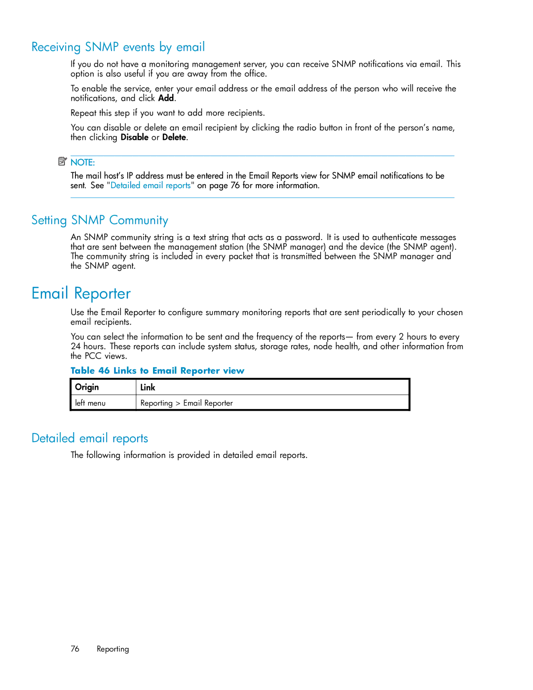 HP RISS Components manual Email Reporter, Receiving Snmp events by email, Setting Snmp Community, Detailed email reports 