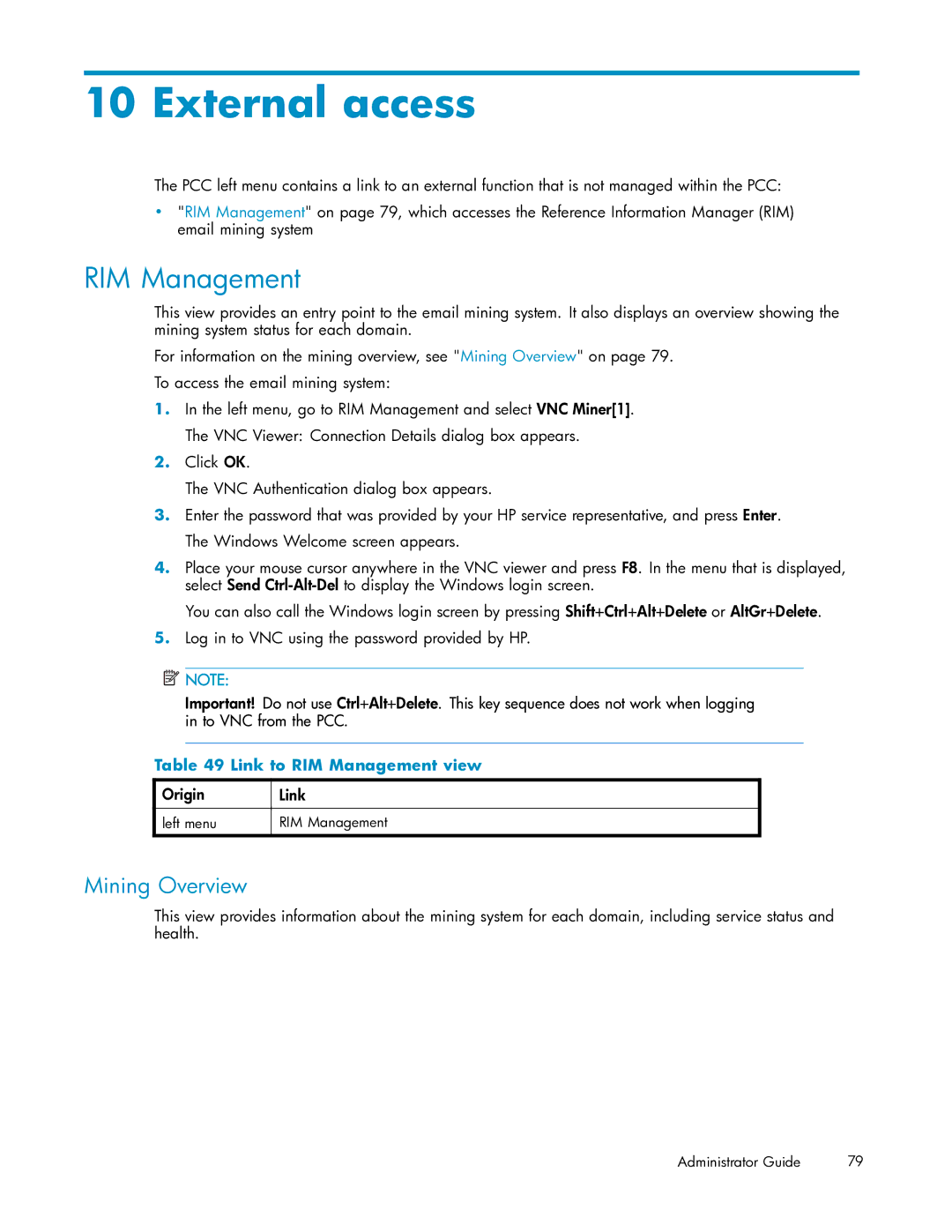 HP RISS Components manual External access, Mining Overview, Link to RIM Management view 