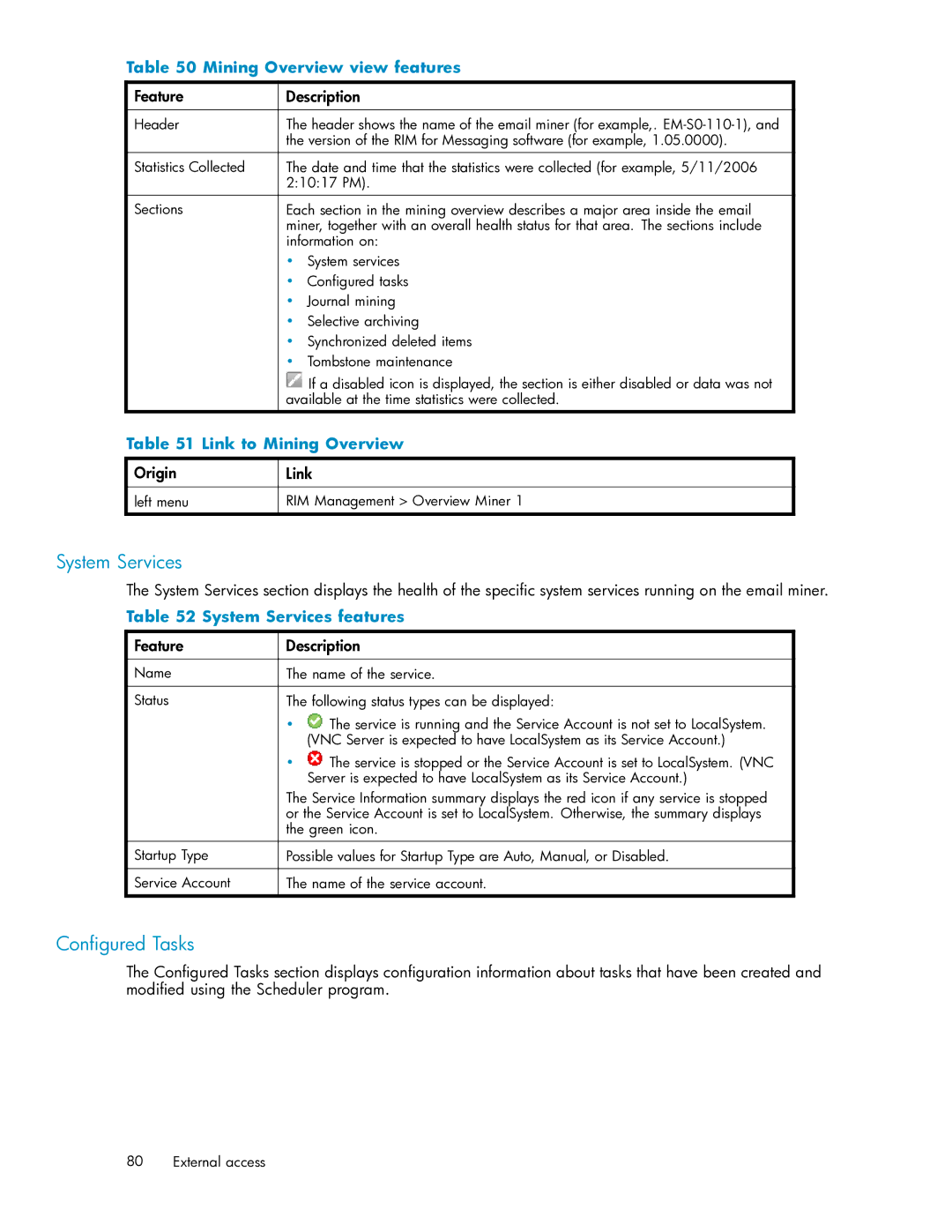 HP RISS Components manual System Services, Conﬁgured Tasks, Mining Overview view features, Link to Mining Overview 