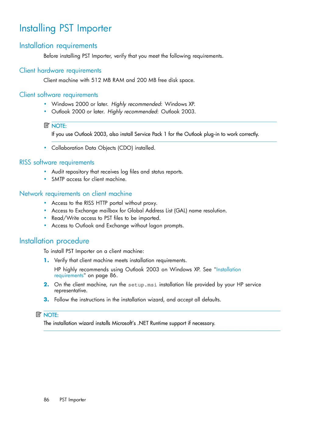 HP RISS Components manual Installing PST Importer, Installation requirements, Installation procedure 