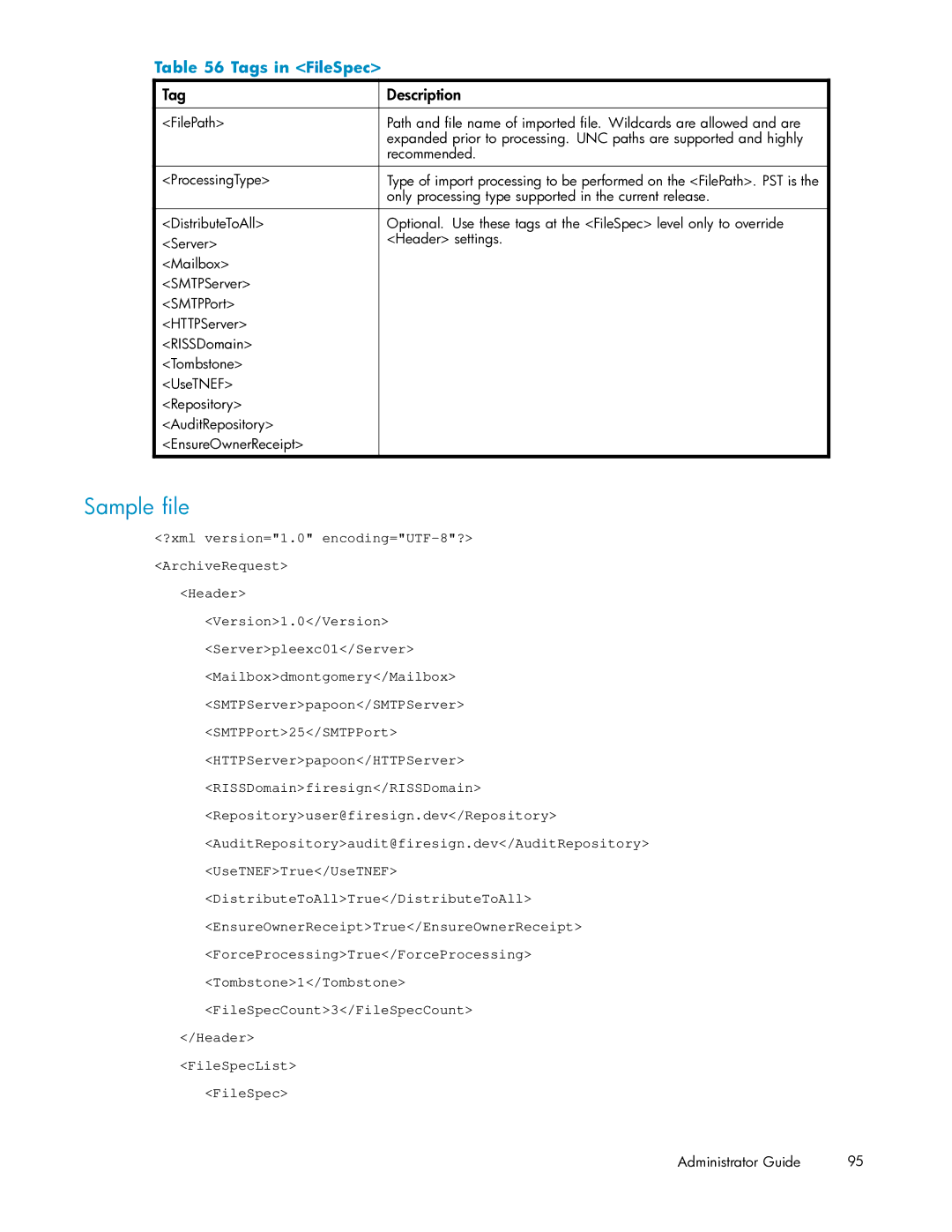 HP RISS Components manual Sample ﬁle, Tags in FileSpec 