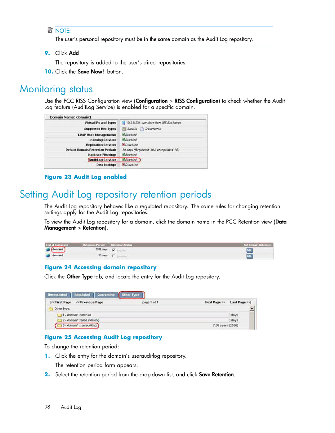 HP RISS Components manual Monitoring status, Setting Audit Log repository retention periods 