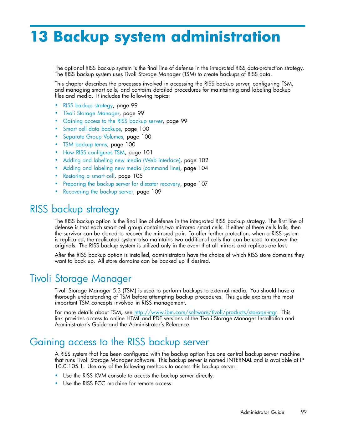 HP RISS Components manual Backup system administration, Riss backup strategy, Tivoli Storage Manager 