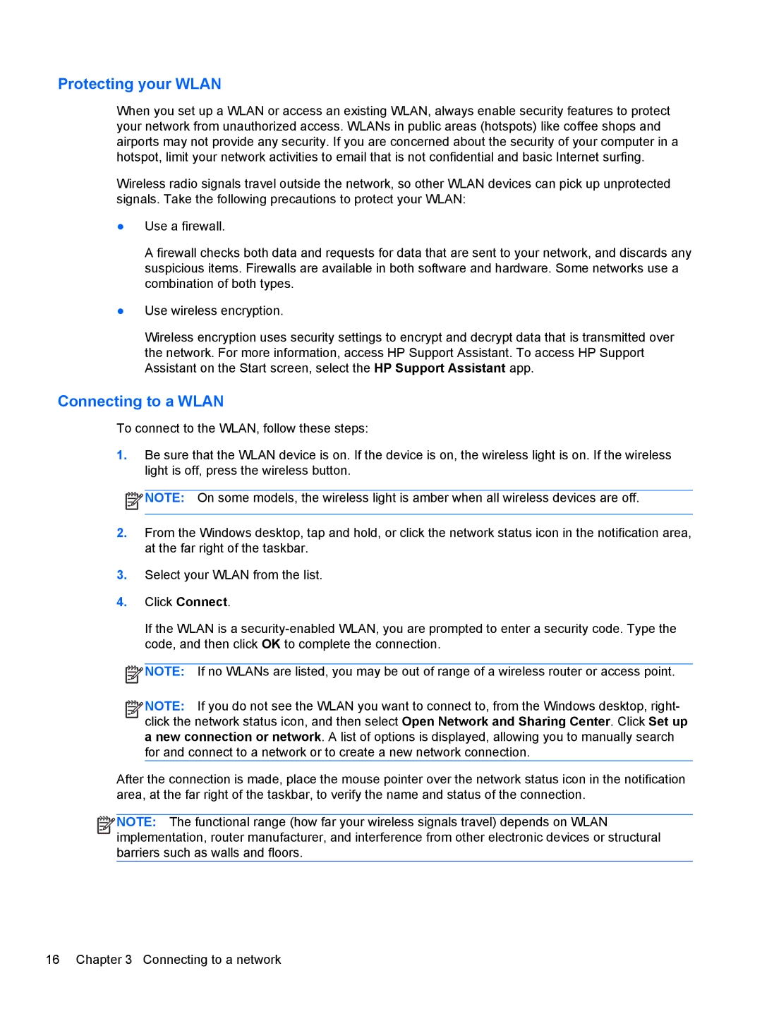 HP Rlve 810 G1 manual Protecting your Wlan, Connecting to a Wlan 