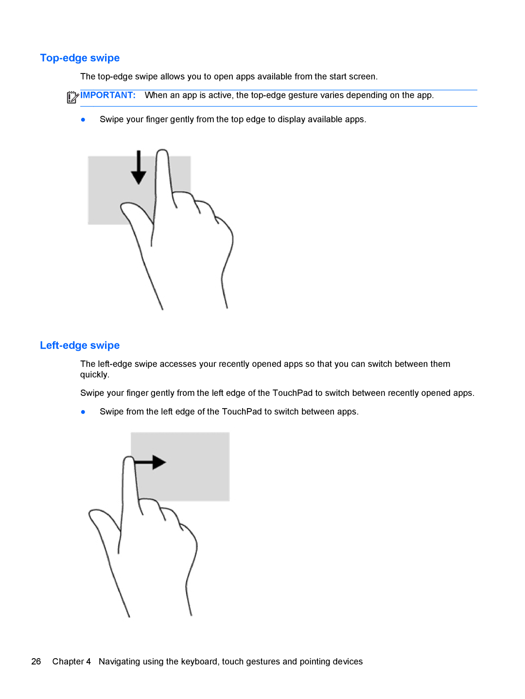 HP Rlve 810 G1 manual Top-edge swipe, Left-edge swipe 