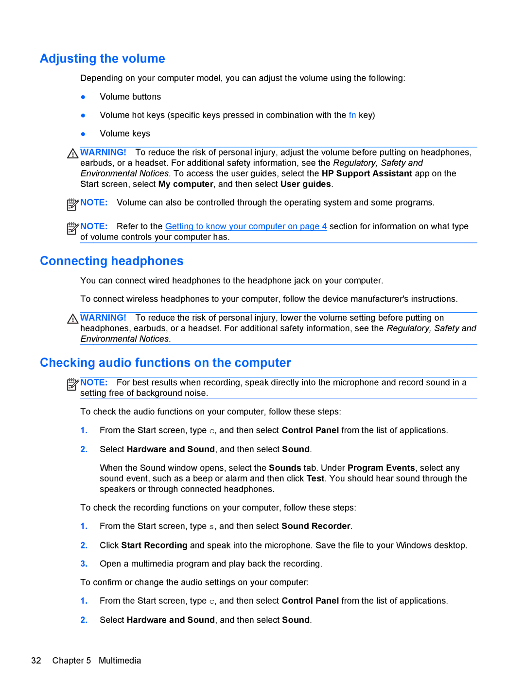 HP Rlve 810 G1 manual Adjusting the volume, Connecting headphones, Checking audio functions on the computer 