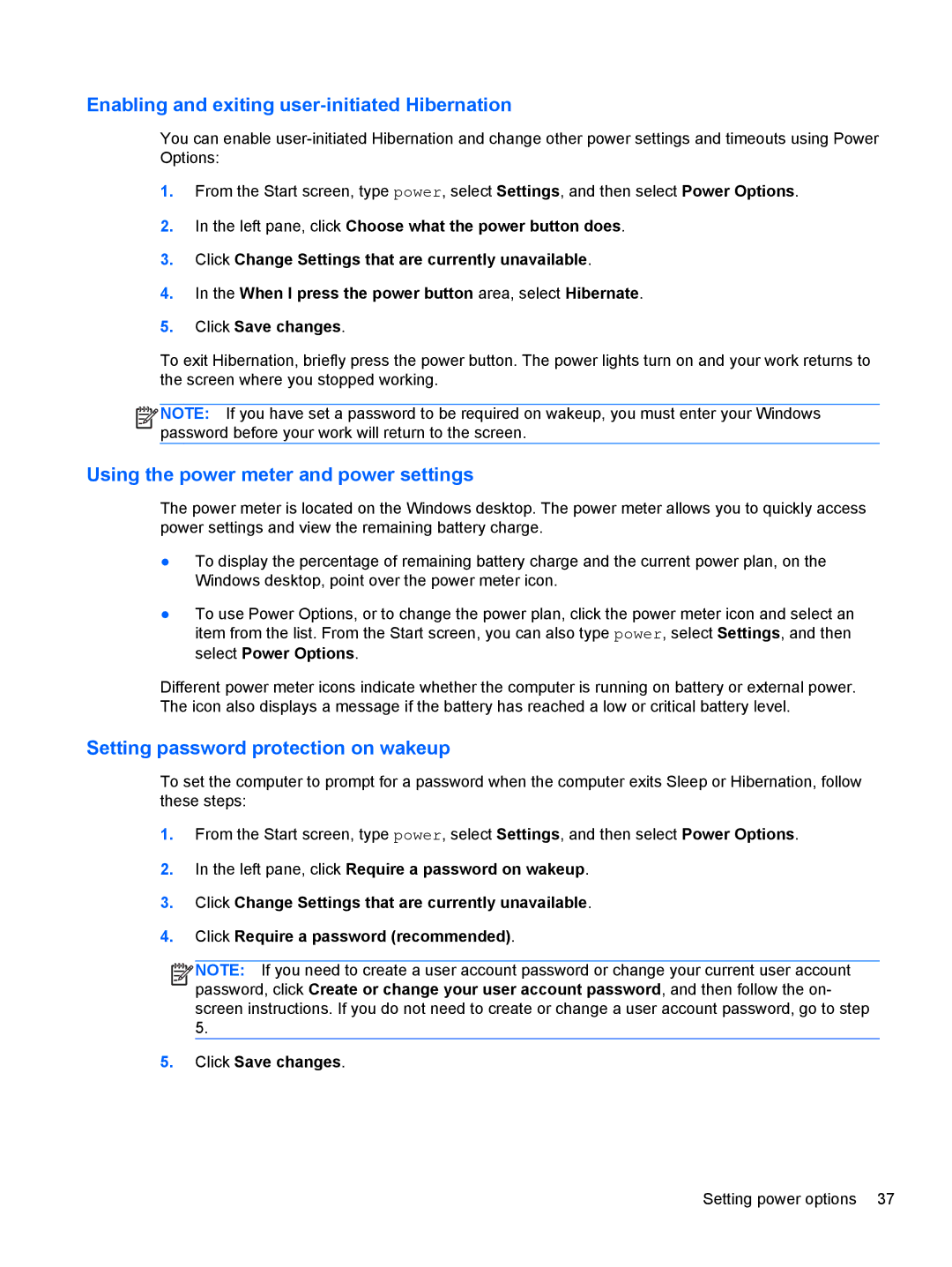 HP Rlve 810 G1 manual Enabling and exiting user-initiated Hibernation, Using the power meter and power settings 