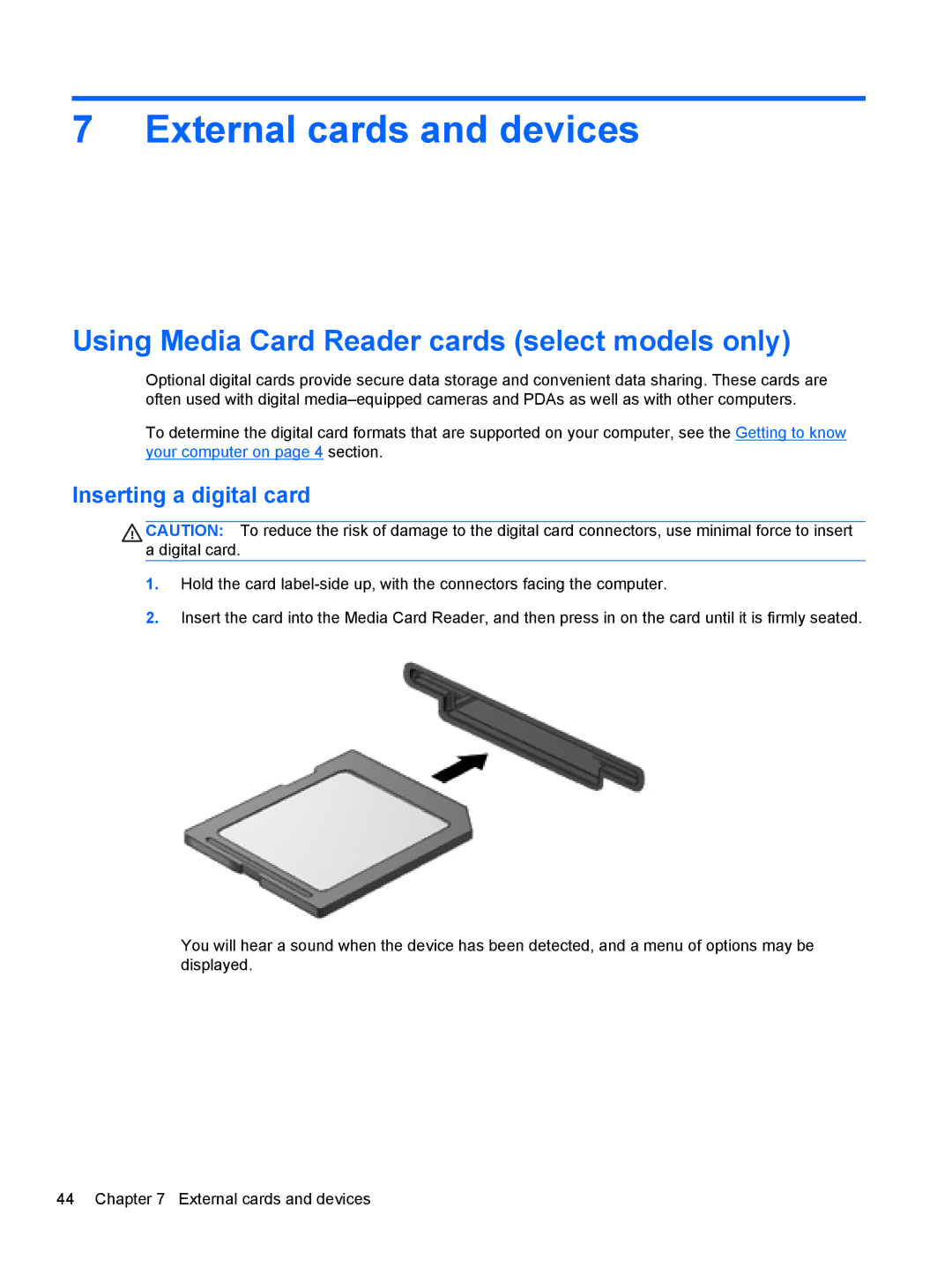 HP Rlve 810 G1 External cards and devices, Using Media Card Reader cards select models only, Inserting a digital card 