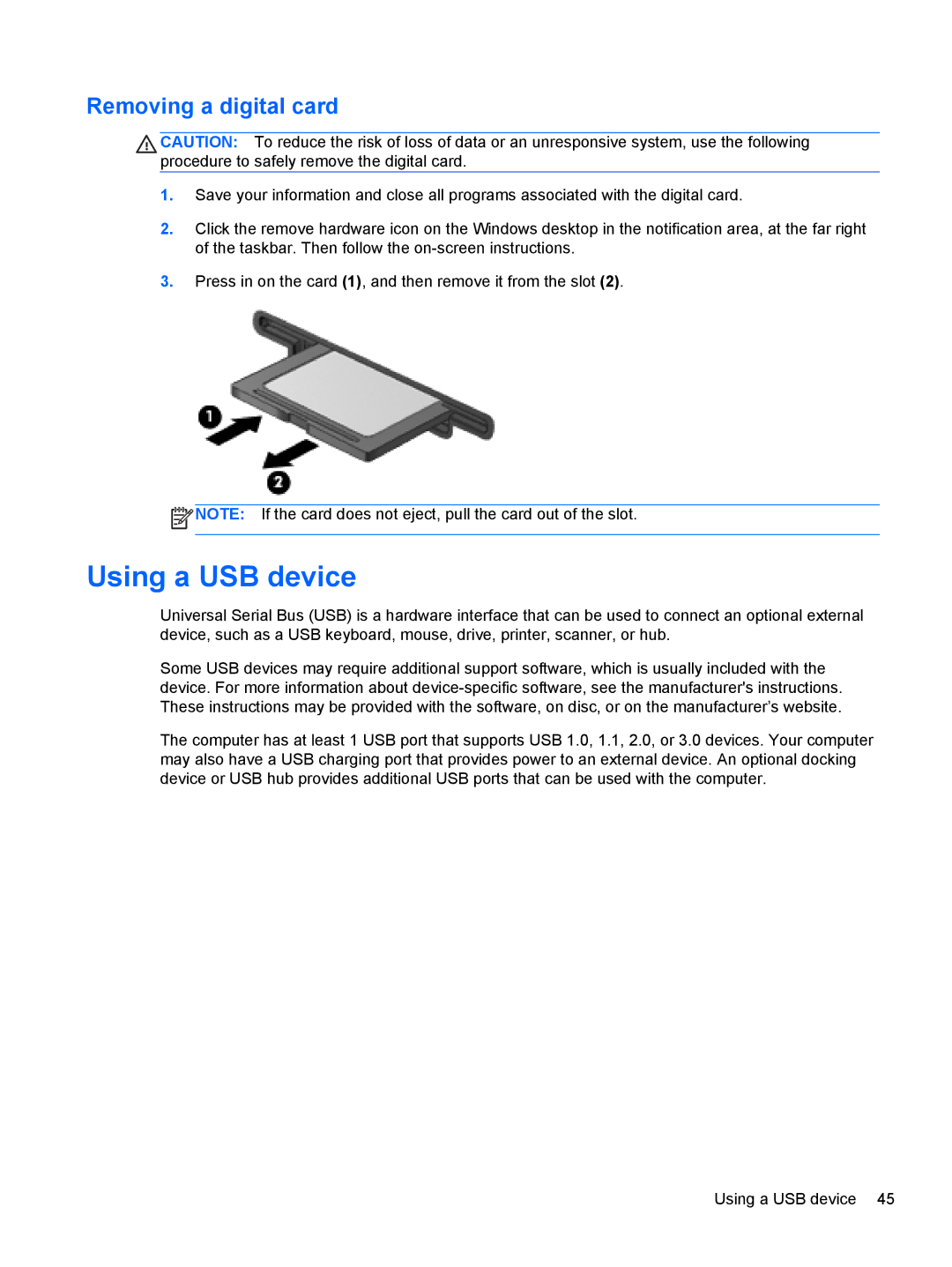 HP Rlve 810 G1 manual Using a USB device, Removing a digital card 