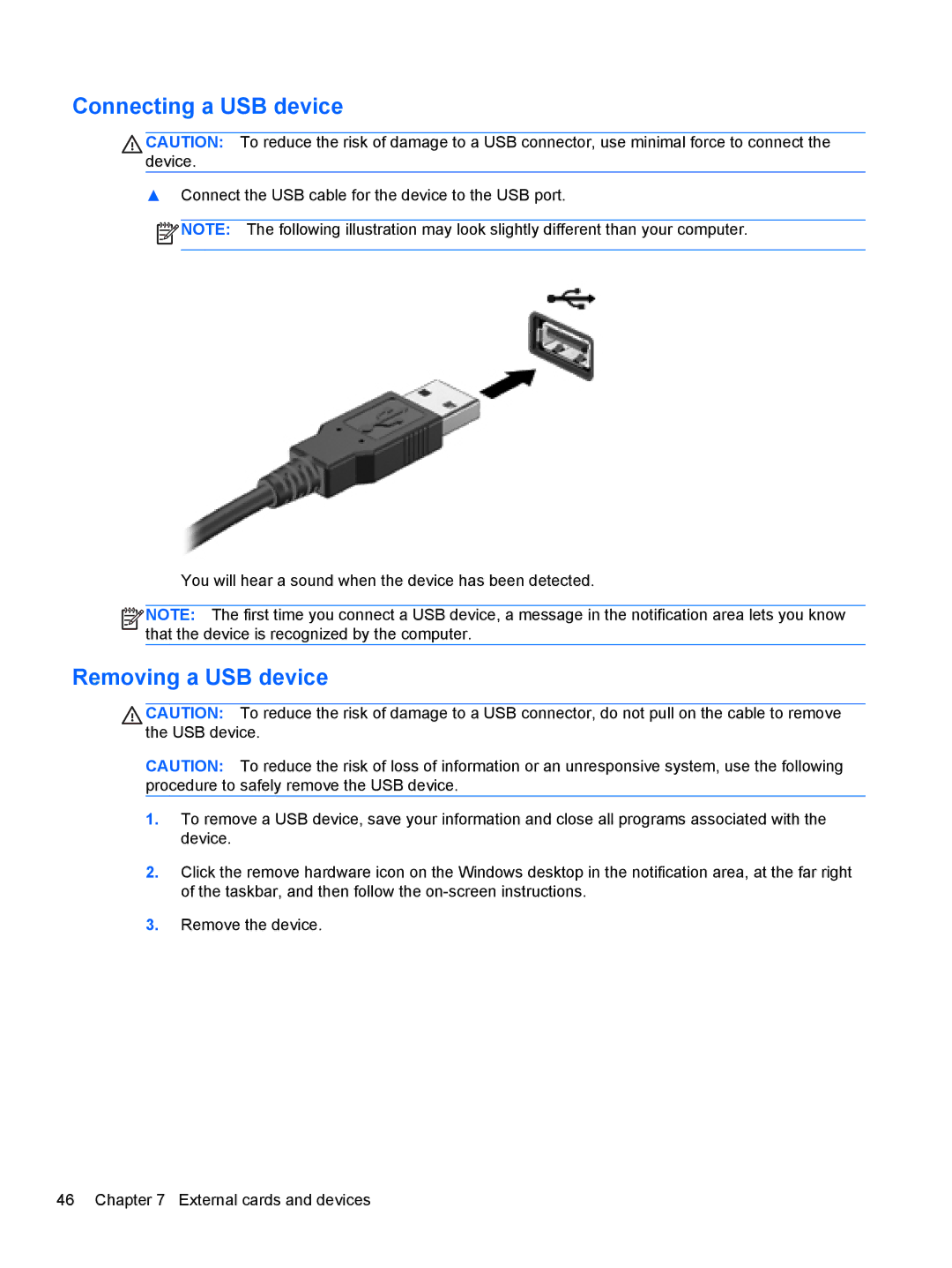 HP Rlve 810 G1 manual Connecting a USB device, Removing a USB device 