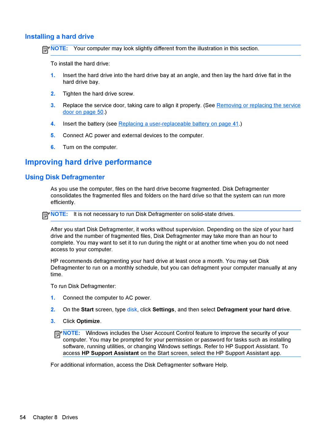 HP Rlve 810 G1 manual Improving hard drive performance, Installing a hard drive, Using Disk Defragmenter 