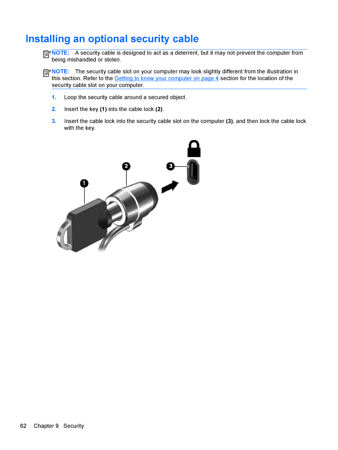 HP Rlve 810 G1 manual Installing an optional security cable 