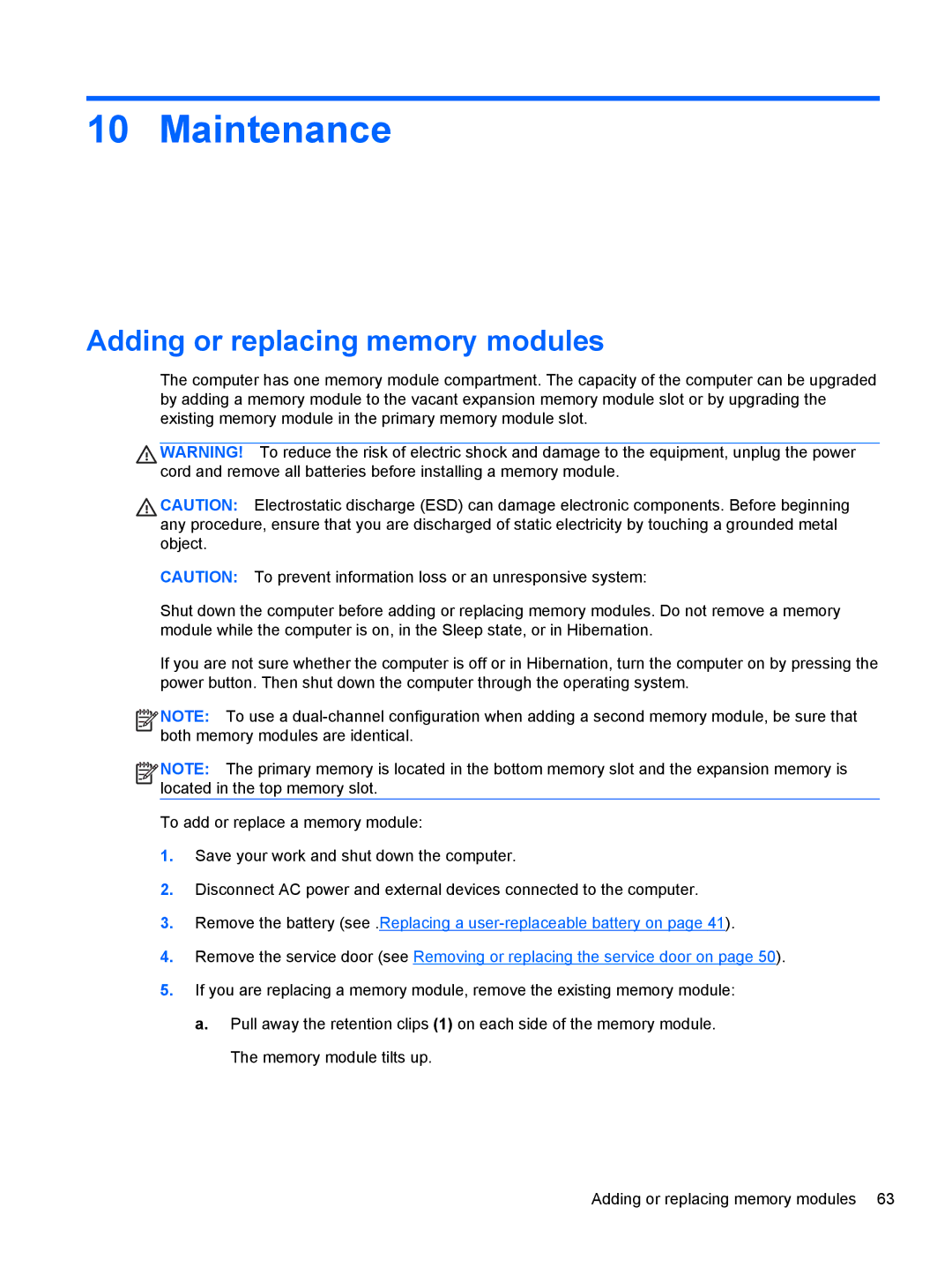 HP Rlve 810 G1 manual Maintenance, Adding or replacing memory modules 