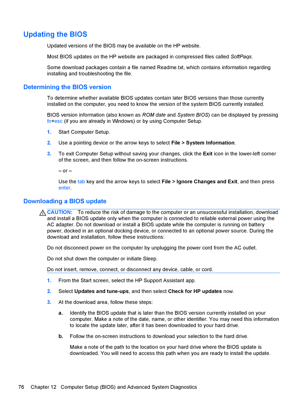 HP Rlve 810 G1 manual Updating the Bios, Determining the Bios version, Downloading a Bios update 