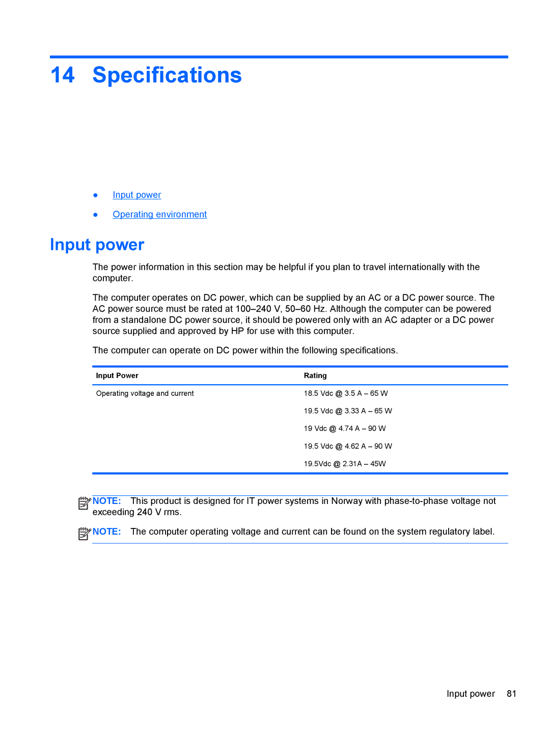 HP Rlve 810 G1 manual Specifications, Input power, Input Power Rating 