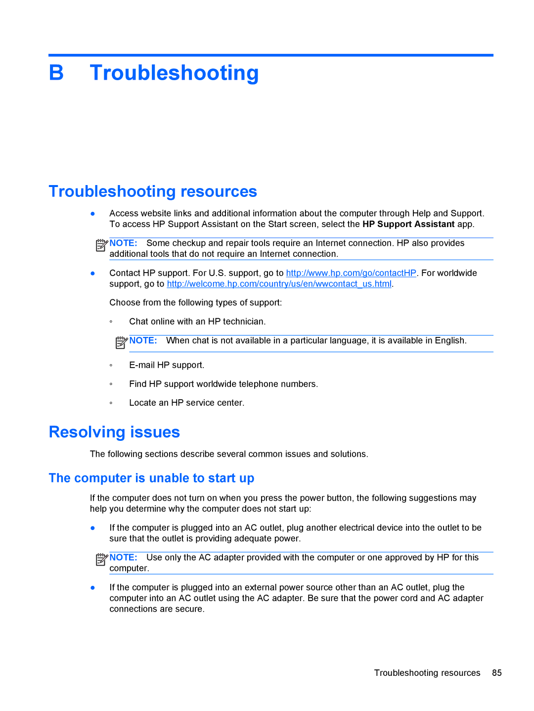 HP Rlve 810 G1 manual Troubleshooting resources, Resolving issues, Computer is unable to start up 