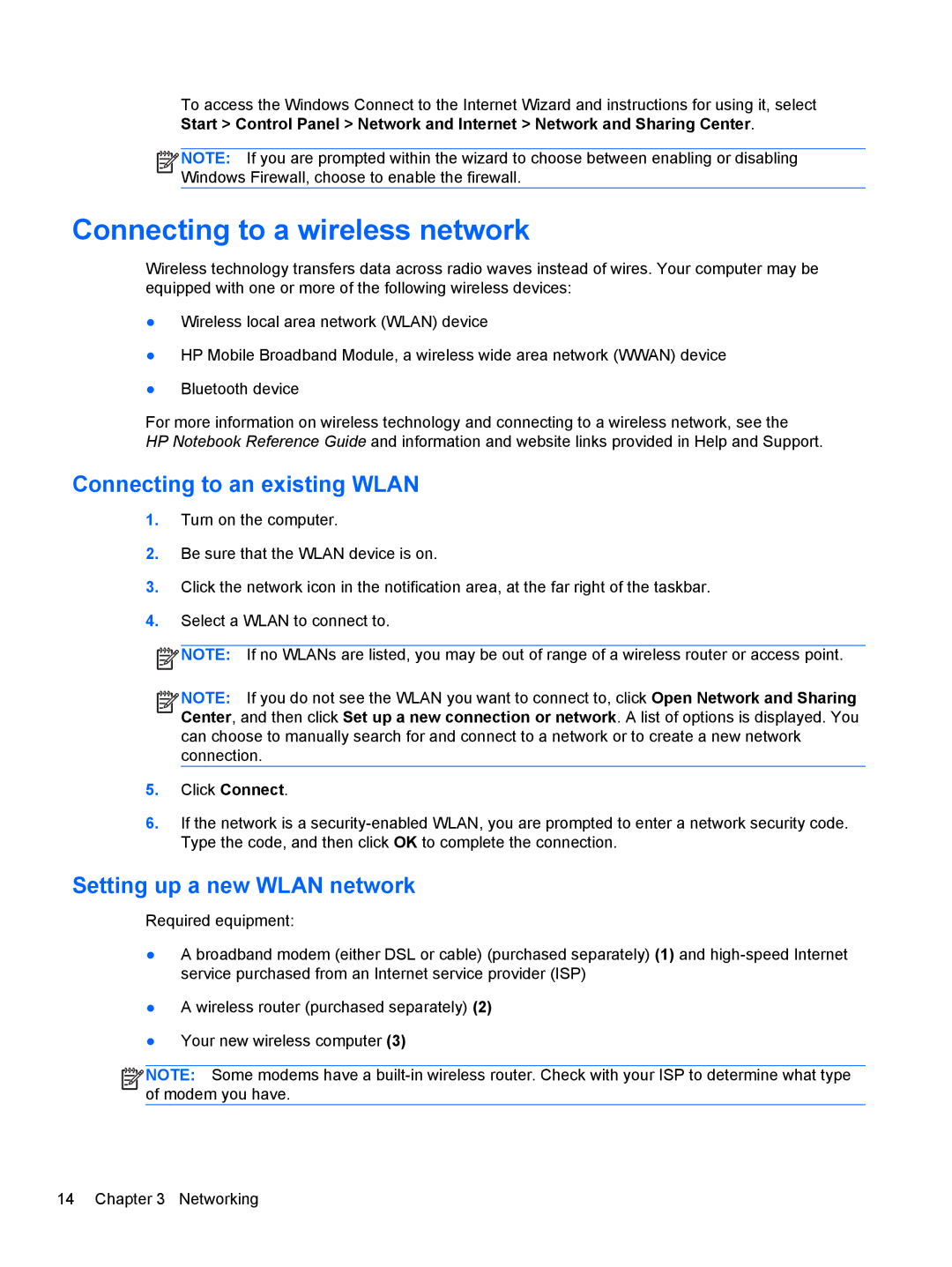 HP Rlve 810 G1 manual Connecting to a wireless network, Connecting to an existing Wlan, Setting up a new Wlan network 