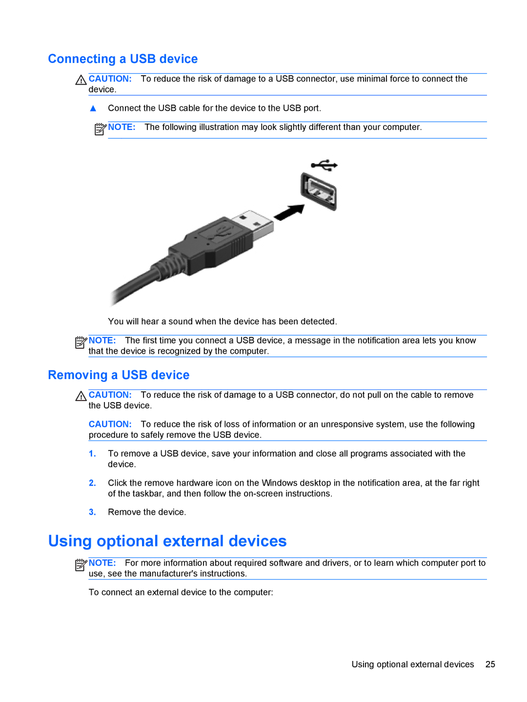 HP Rlve 810 G1 manual Using optional external devices, Connecting a USB device, Removing a USB device 