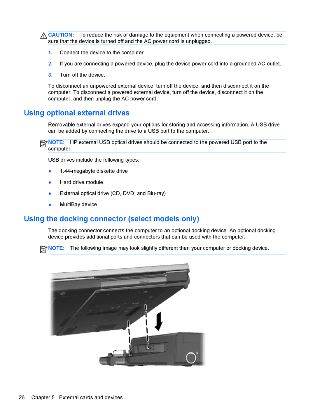 HP Rlve 810 G1 manual Using optional external drives, Using the docking connector select models only 