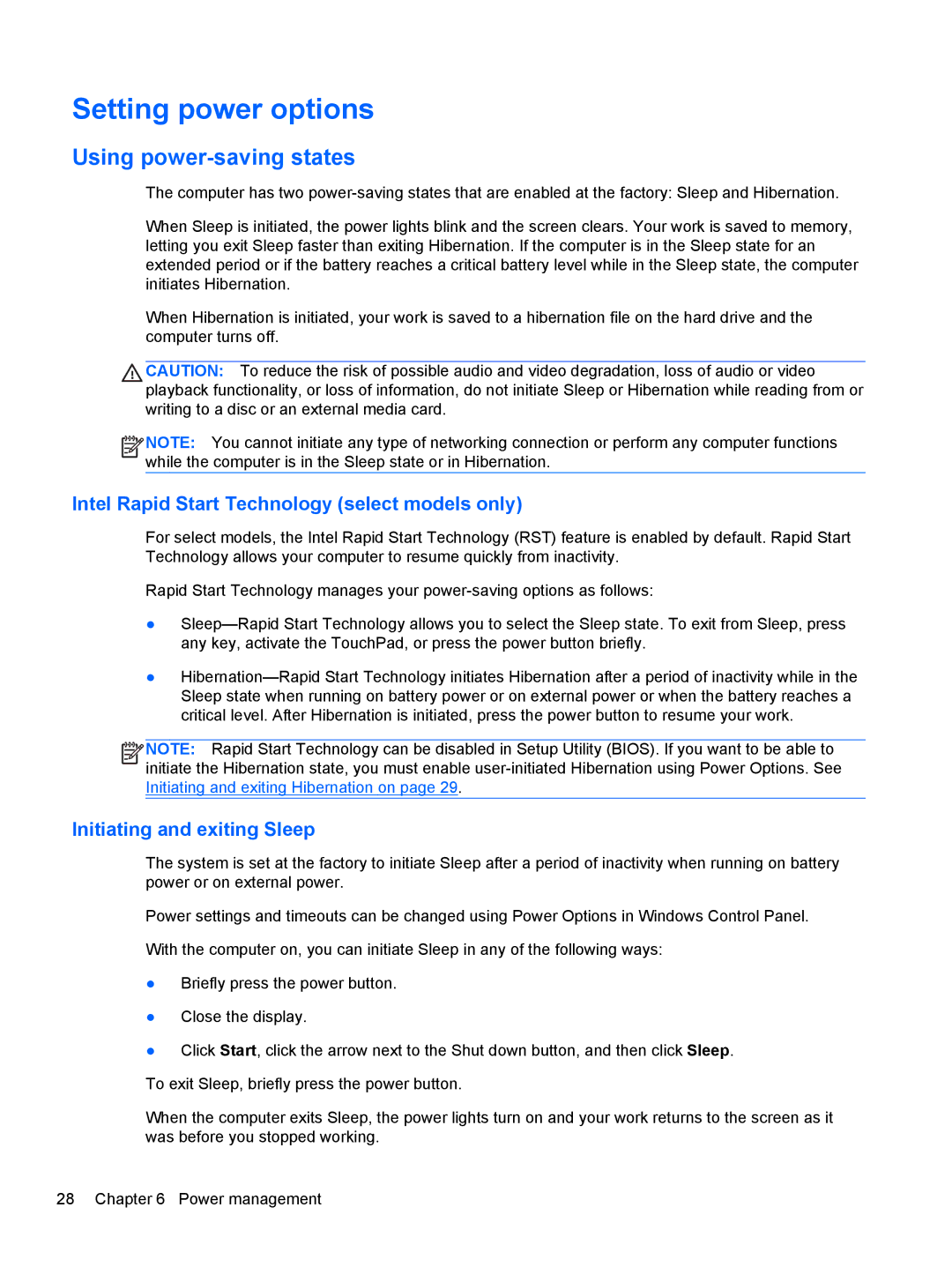 HP Rlve 810 G1 manual Setting power options, Using power-saving states, Intel Rapid Start Technology select models only 