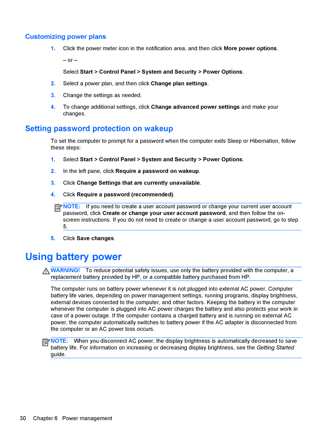 HP Rlve 810 G1 manual Using battery power, Setting password protection on wakeup, Customizing power plans 