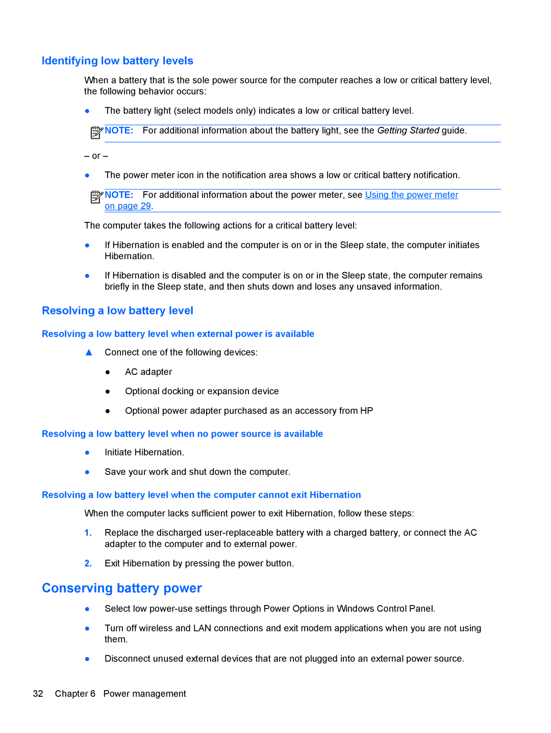 HP Rlve 810 G1 manual Conserving battery power, Identifying low battery levels, Resolving a low battery level 