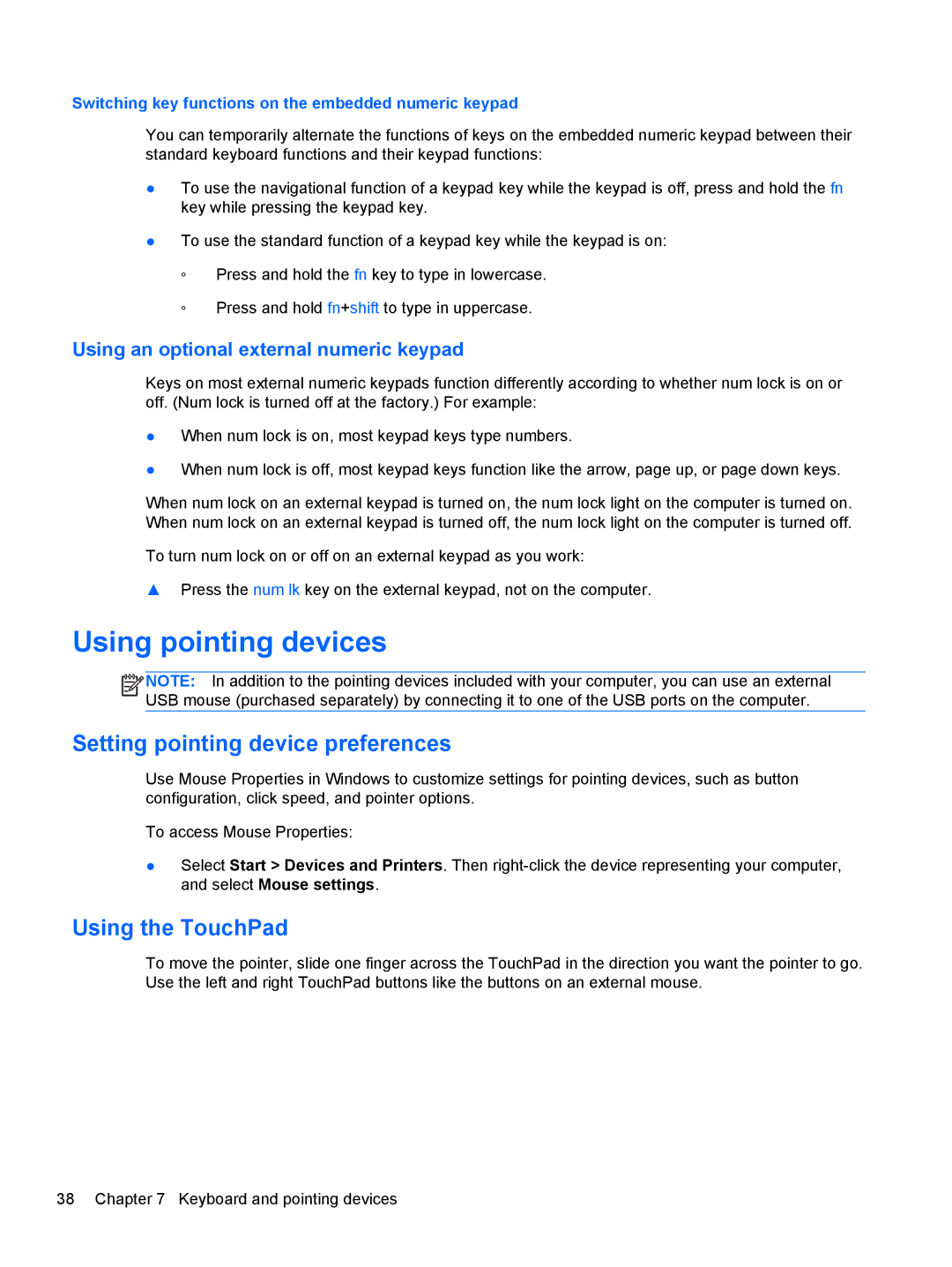 HP Rlve 810 G1 manual Using pointing devices, Setting pointing device preferences, Using the TouchPad 