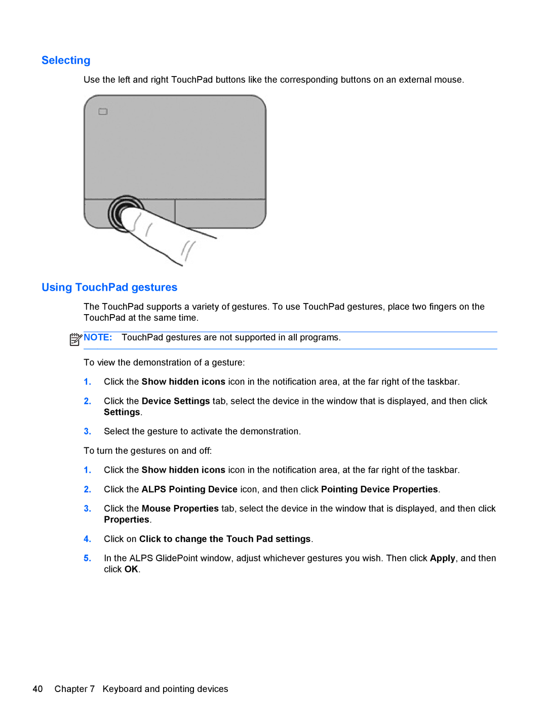 HP Rlve 810 G1 manual Selecting, Using TouchPad gestures 