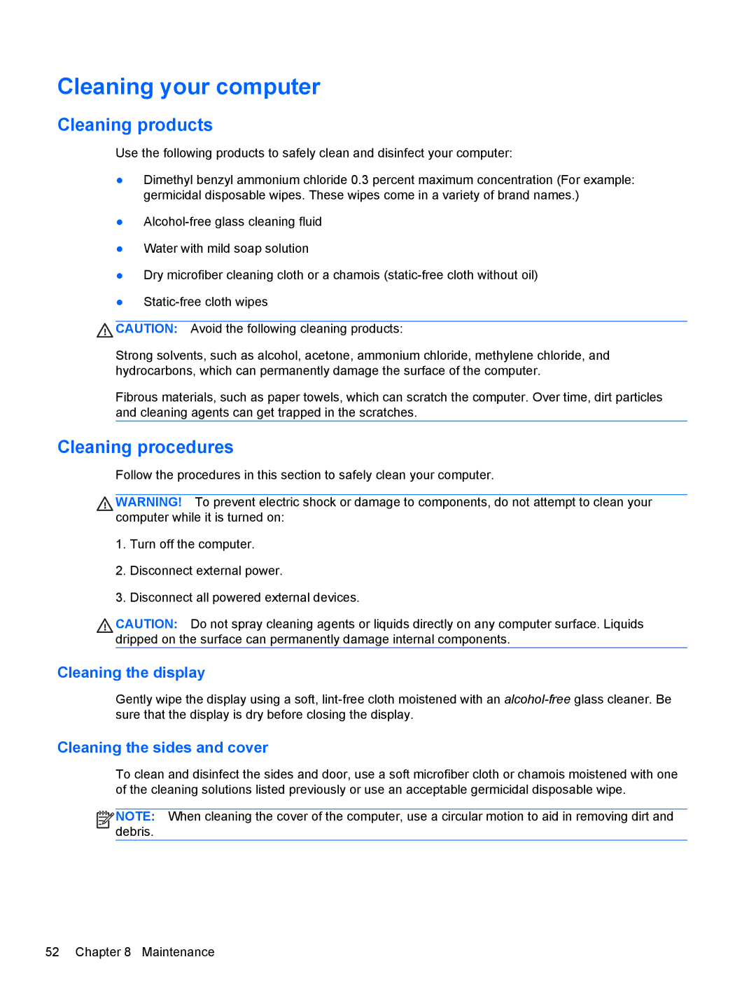 HP Rlve 810 G1 manual Cleaning your computer, Cleaning products, Cleaning procedures, Cleaning the display 