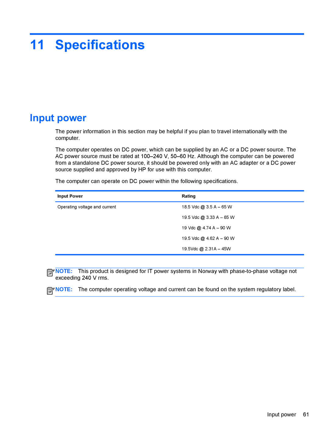 HP Rlve 810 G1 manual Specifications, Input power 