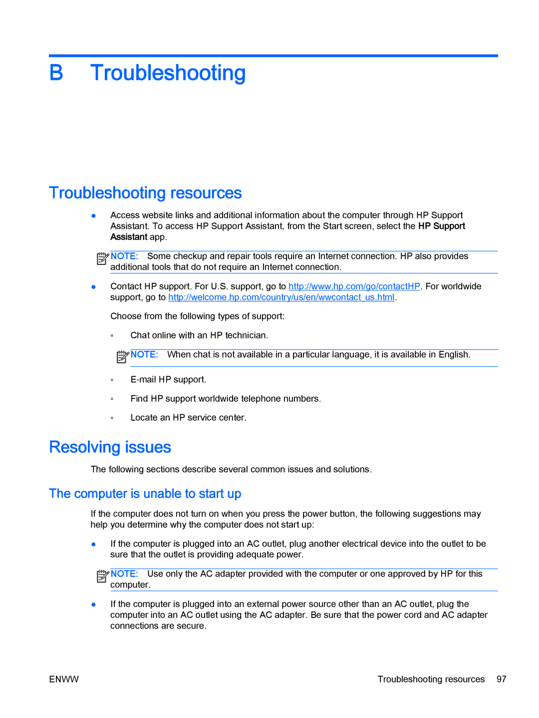 HP Rlve 810 G2 manual Troubleshooting resources, Resolving issues, Computer is unable to start up 