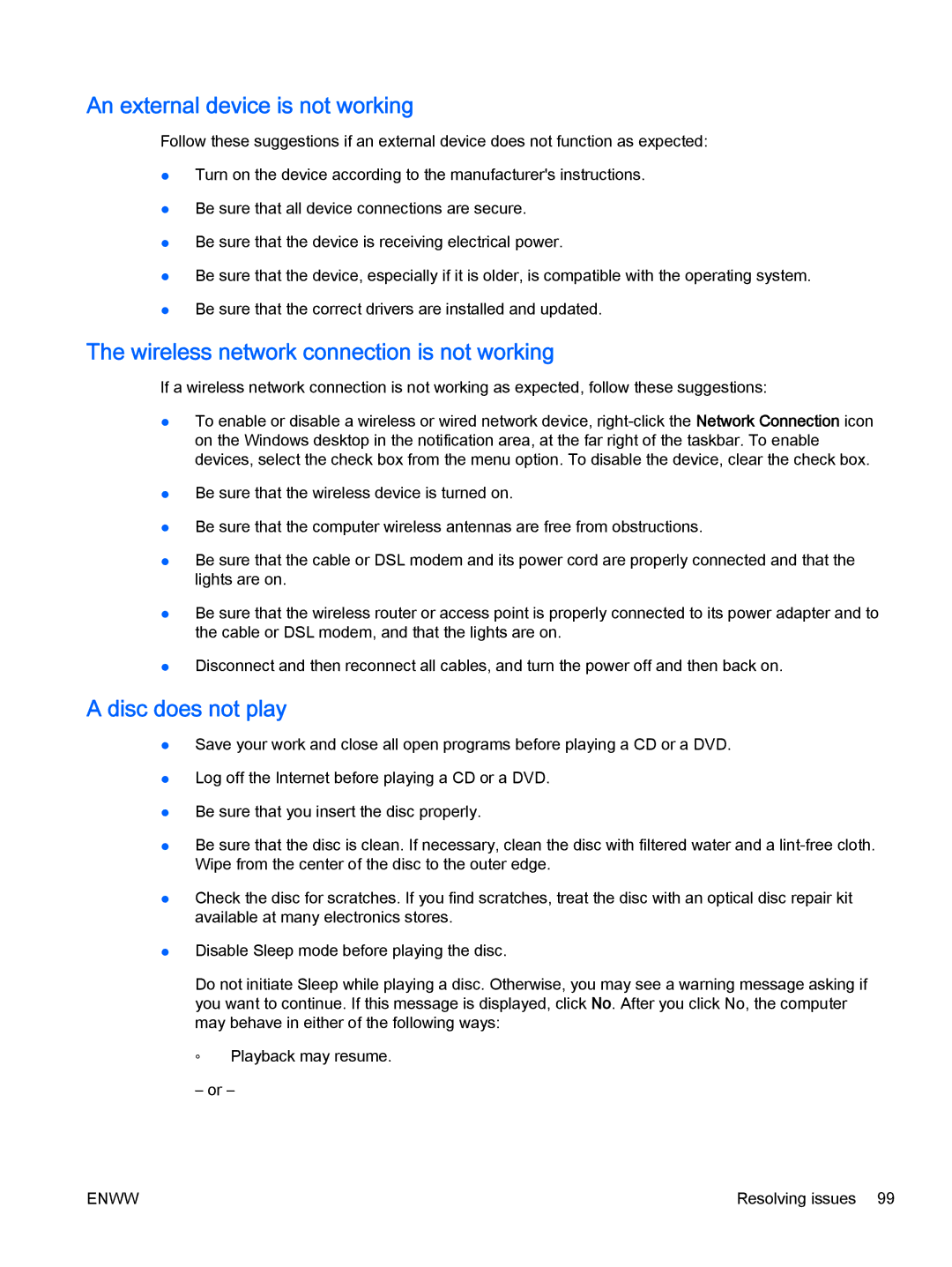 HP Rlve 810 G2 manual An external device is not working, Wireless network connection is not working, Disc does not play 