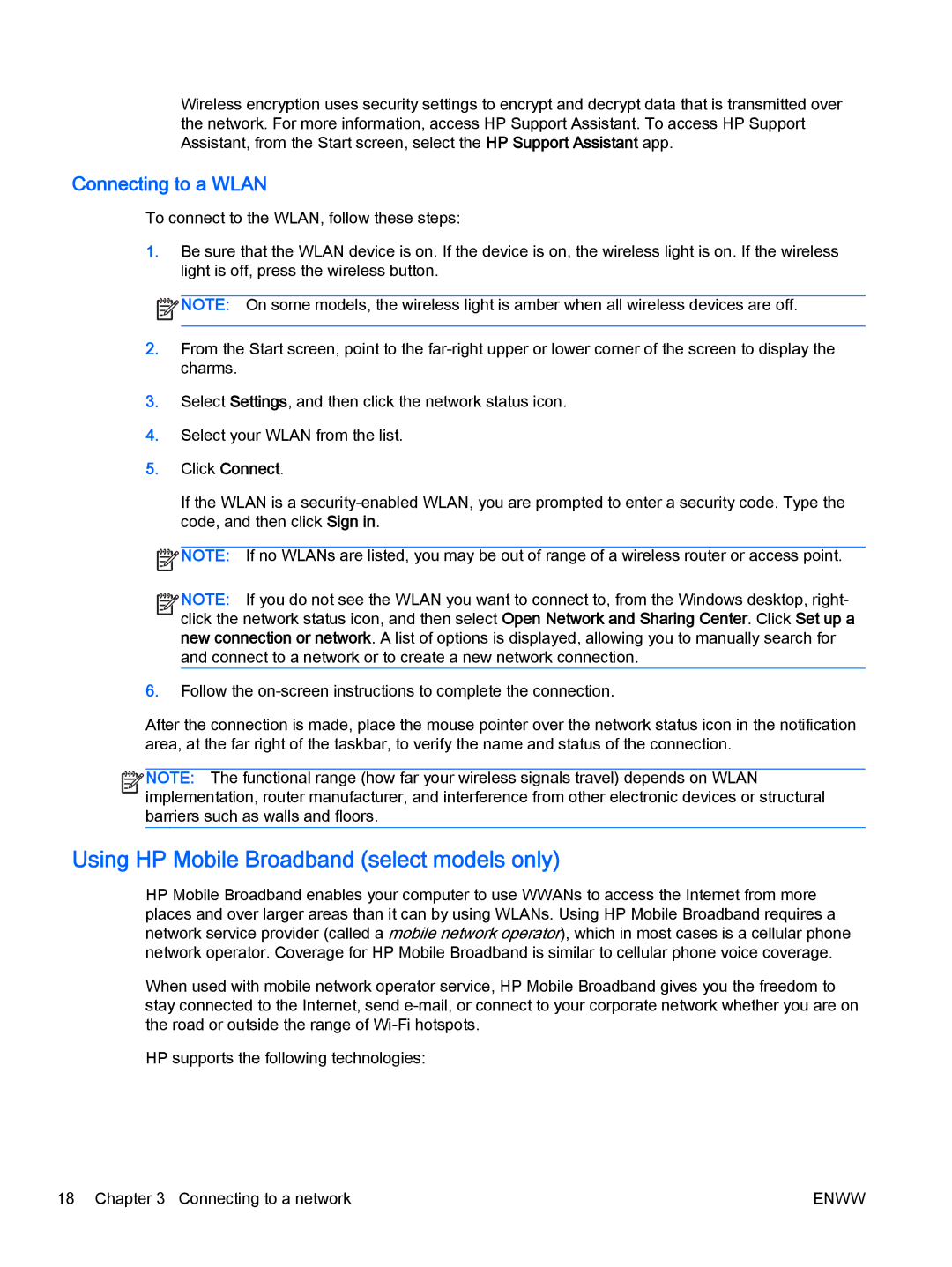 HP Rlve 810 G2 manual Using HP Mobile Broadband select models only, Connecting to a Wlan 