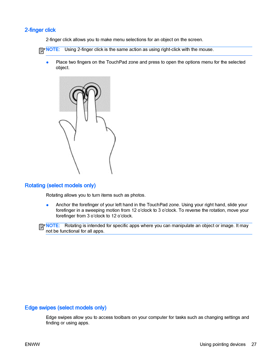 HP Rlve 810 G2 manual Finger click, Rotating select models only, Edge swipes select models only 