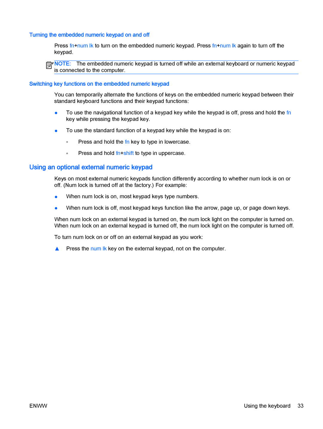 HP Rlve 810 G2 manual Using an optional external numeric keypad, Turning the embedded numeric keypad on and off 