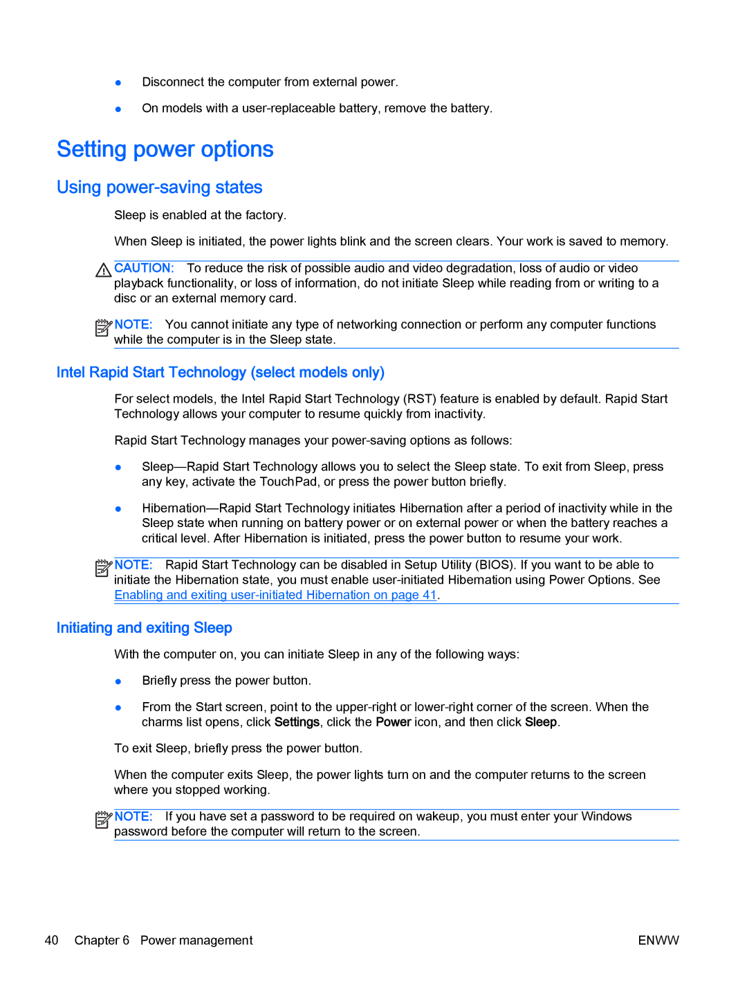 HP Rlve 810 G2 manual Setting power options, Using power-saving states, Intel Rapid Start Technology select models only 