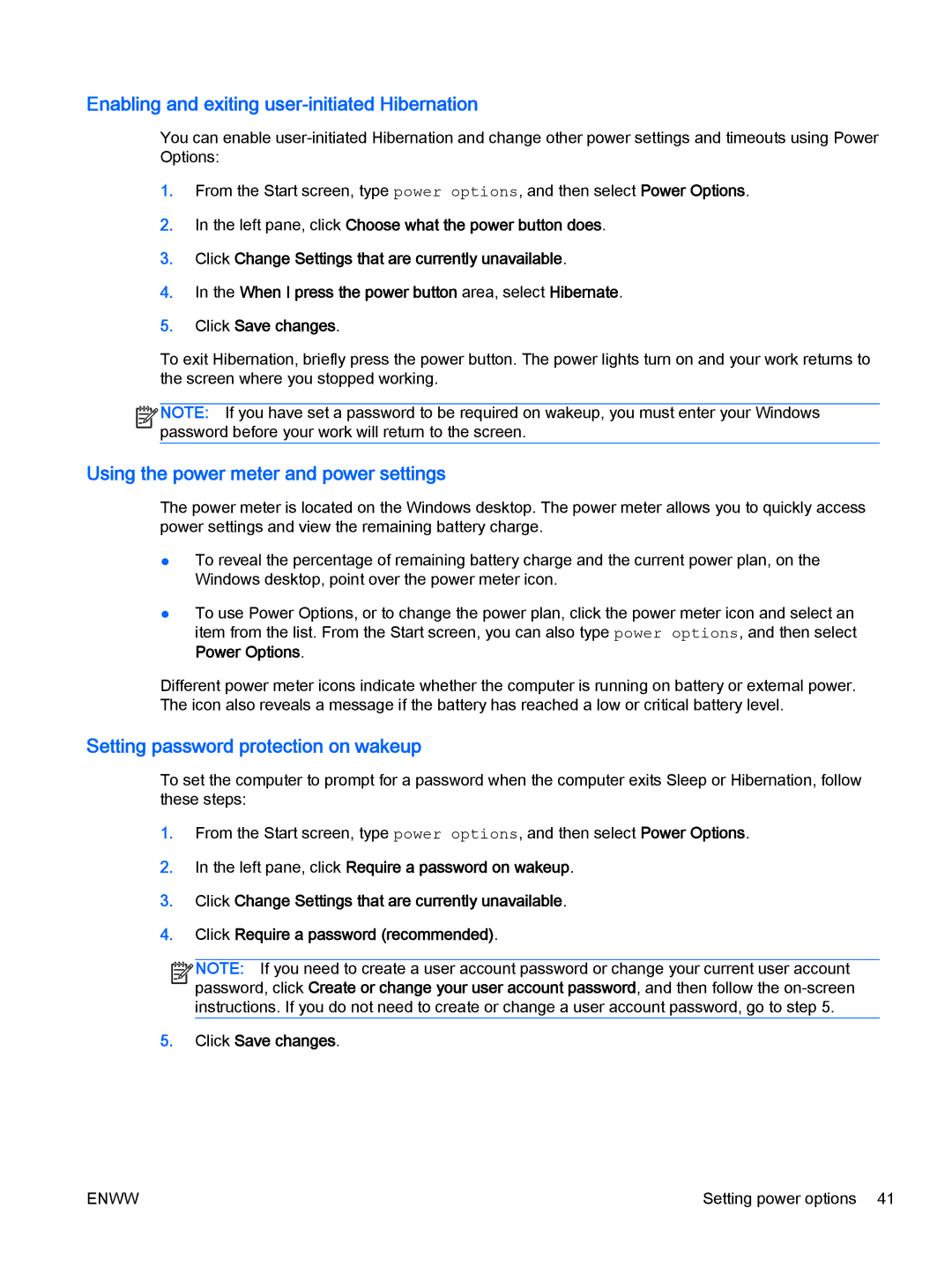 HP Rlve 810 G2 manual Enabling and exiting user-initiated Hibernation, Using the power meter and power settings 