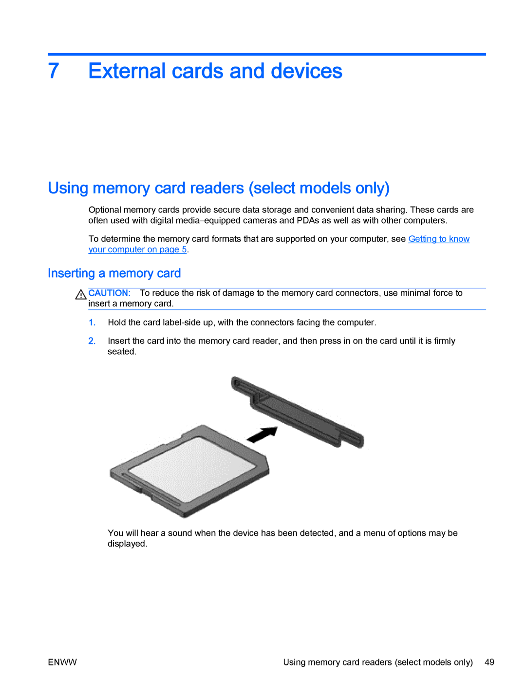 HP Rlve 810 G2 manual External cards and devices, Using memory card readers select models only, Inserting a memory card 