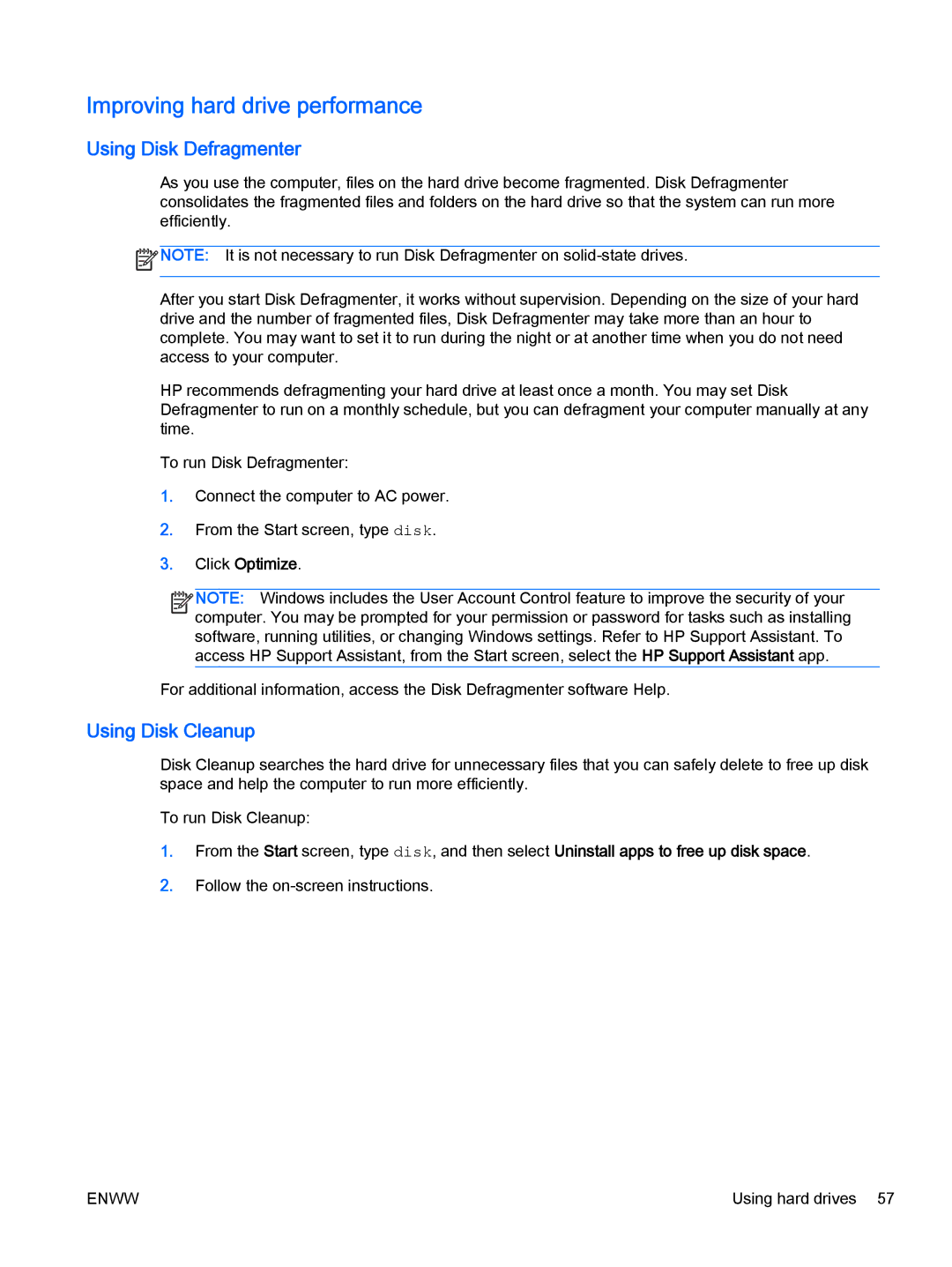 HP Rlve 810 G2 manual Improving hard drive performance, Using Disk Defragmenter, Using Disk Cleanup 