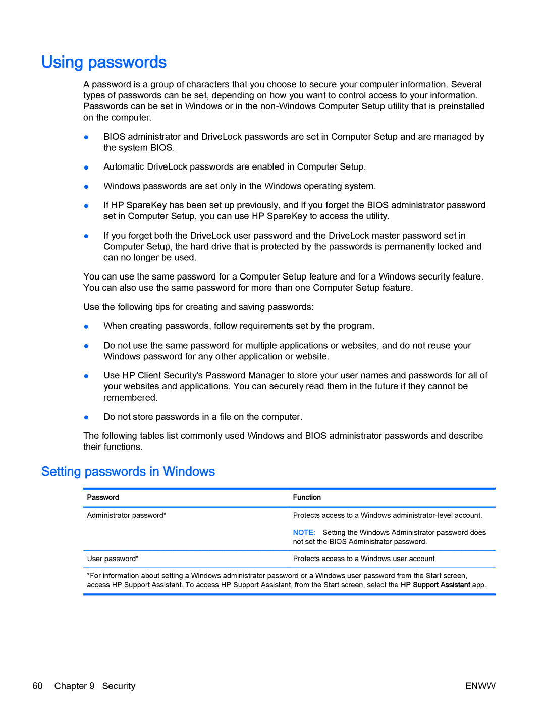 HP Rlve 810 G2 manual Using passwords, Setting passwords in Windows 