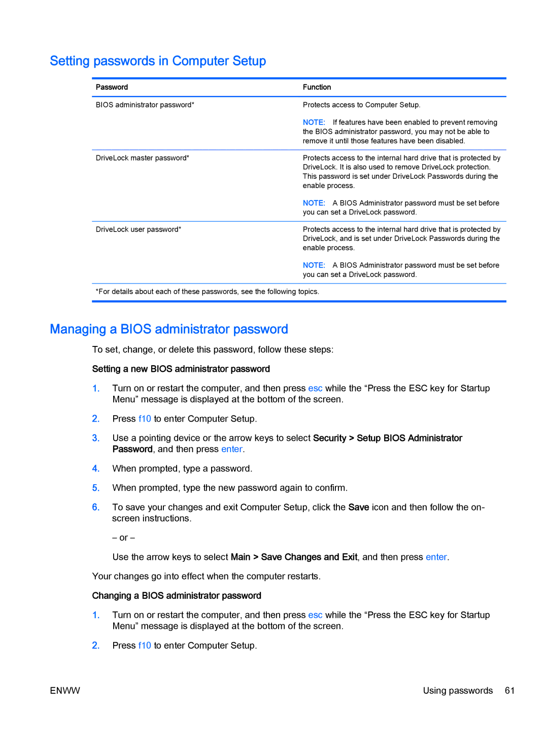 HP Rlve 810 G2 manual Setting passwords in Computer Setup, Managing a Bios administrator password 