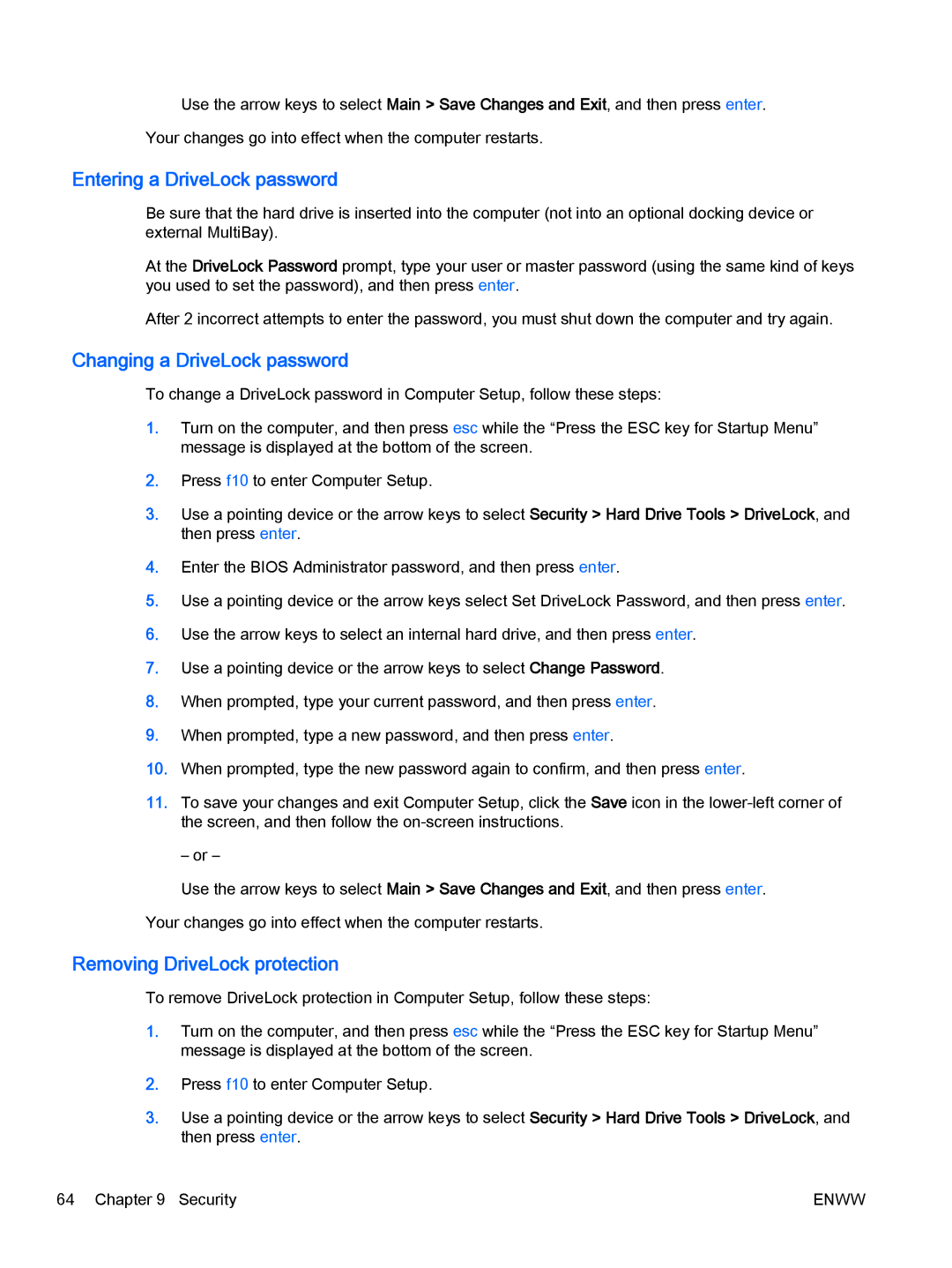 HP Rlve 810 G2 manual Entering a DriveLock password, Changing a DriveLock password, Removing DriveLock protection 