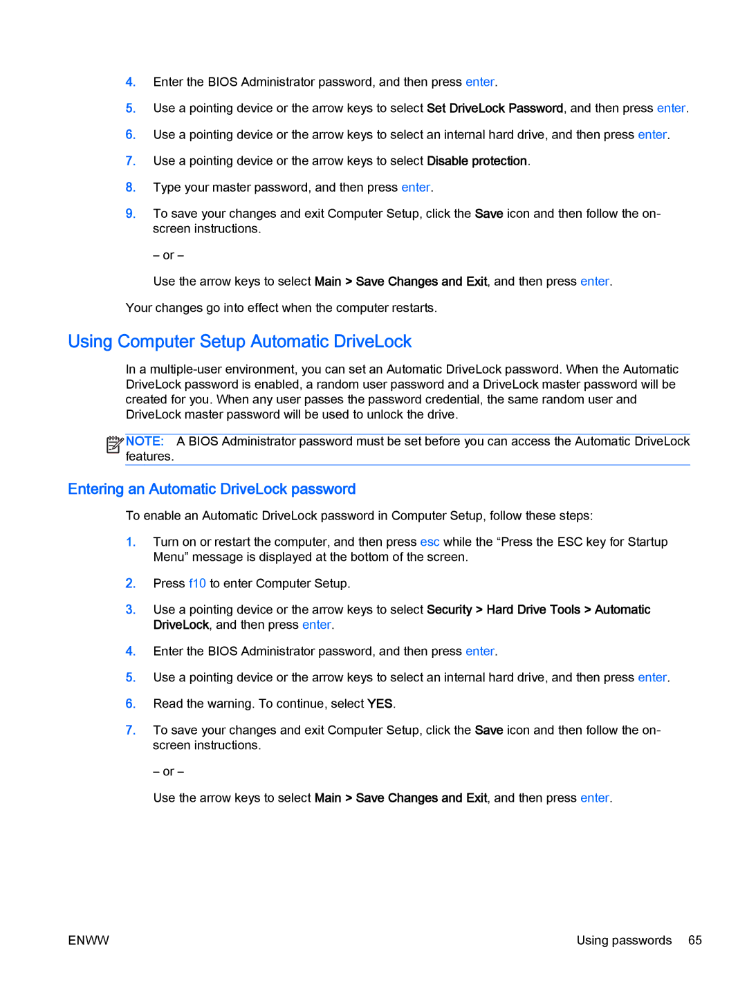 HP Rlve 810 G2 manual Using Computer Setup Automatic DriveLock, Entering an Automatic DriveLock password 