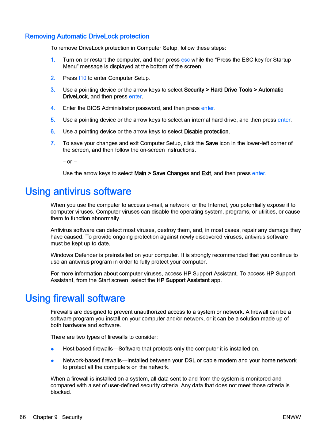 HP Rlve 810 G2 manual Using antivirus software, Using firewall software, Removing Automatic DriveLock protection 