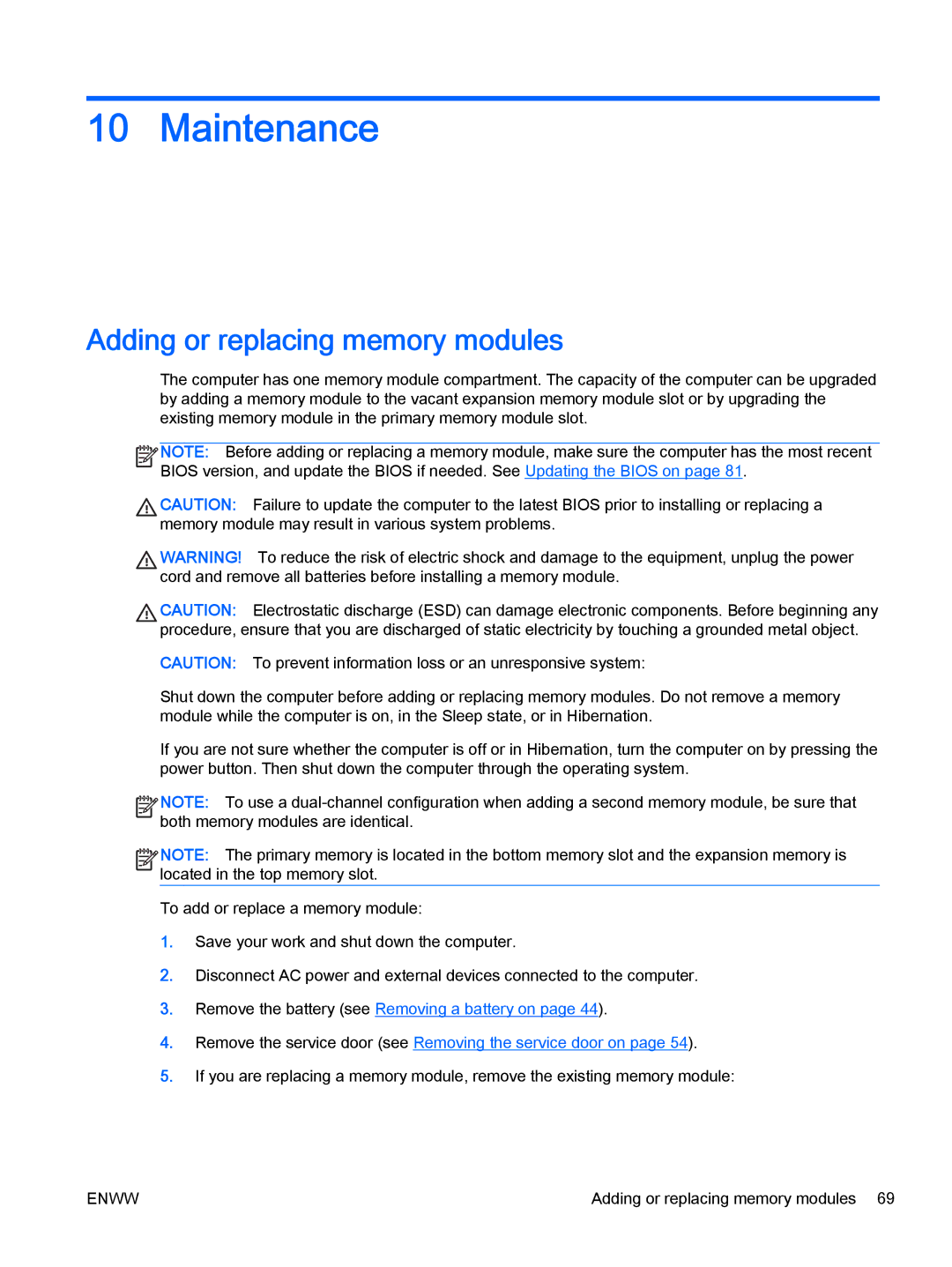 HP Rlve 810 G2 manual Maintenance, Adding or replacing memory modules 