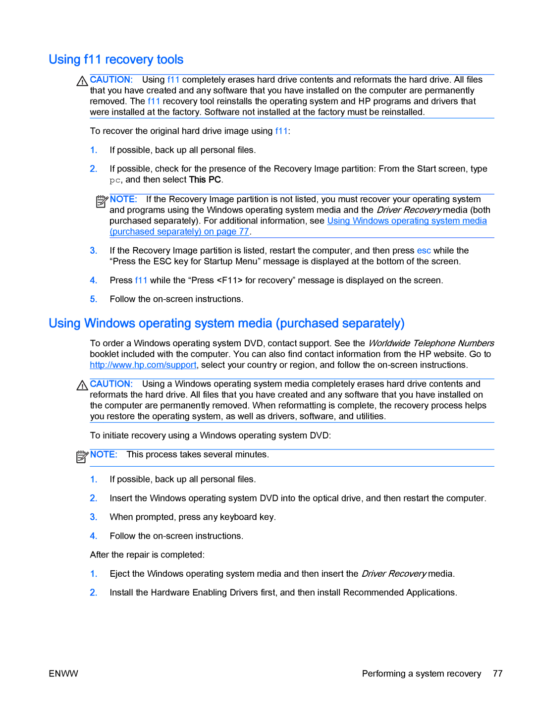 HP Rlve 810 G2 manual Using f11 recovery tools, Using Windows operating system media purchased separately 